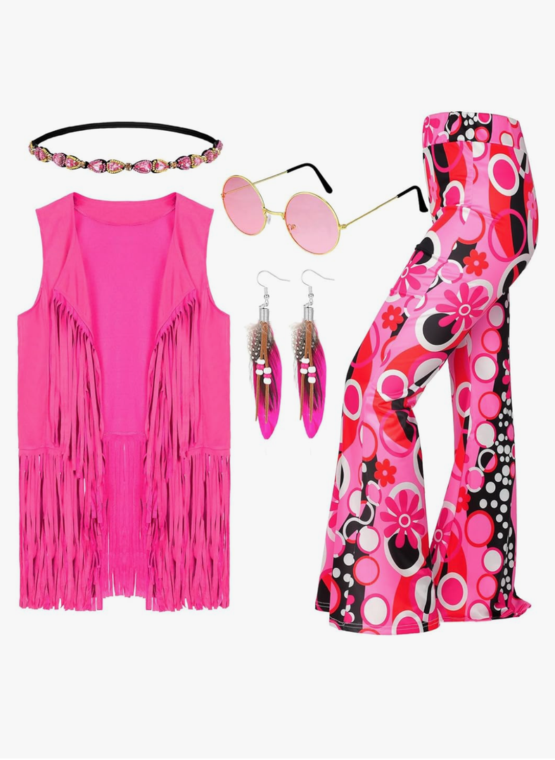 Leumoi 5 Pcs 60s 70s Costume for Women Disco Outfits Hippie Accessories Fringe Vest Boho Flared Pants Set for Carnival, Size:M