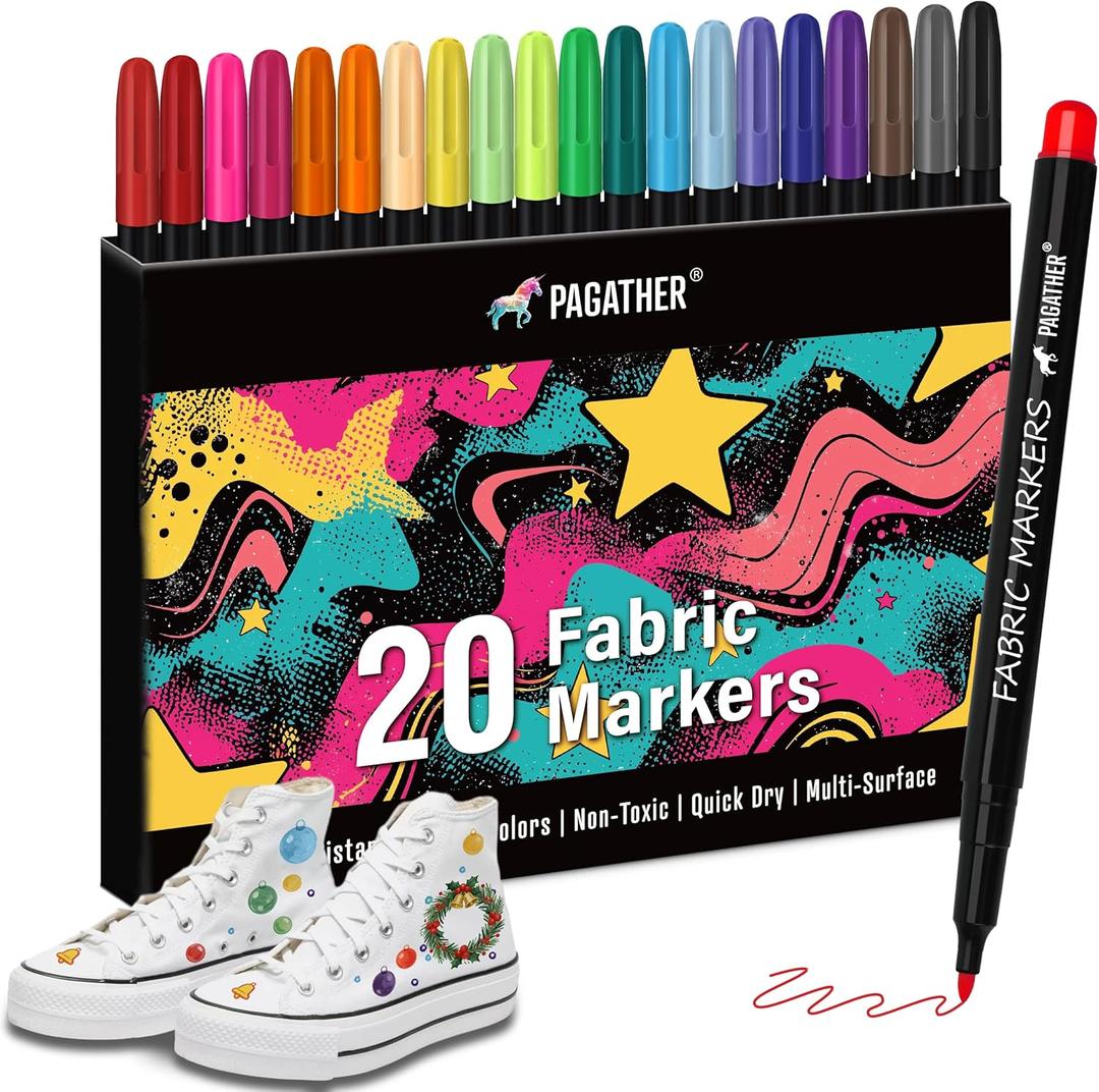 Fabric Markers Permanent for Clothes, 20 Colors Fine Tips Paint Pens for Clothing Canvas Tote Bags T-Shirt and Shoes, Non Toxic Ink for Kids and Adults