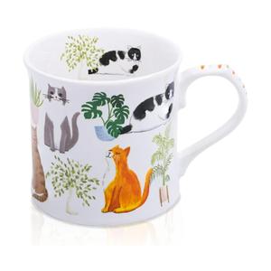 Cute Cats & Plants Coffee Mug - 12 oz Fine New Bone China Coffee Tea Cup with Kitten Design, Cat Mom Gifts for Women, Holiday Gift for Cat Lovers & Friends, Designed in England by Harvest Green Studio