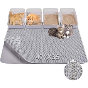 BurgeonNest Cat Litter Mat 47" x 35" Upgraded Felt & Fabric Material Cat Trapping Mat for Fewer Creases, Extra Large Hold 3-4 Litter Boxes Urine-Proof Non-Slip, Machine Washable, Soft on Paws, Grey
