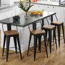 Bar Stools Set of 4 Metal Bar Stool Counter Height Bar Stools Black, Modern 24" Bar Chairs with Back and Wooden Seat Bar Stool Counter Height
