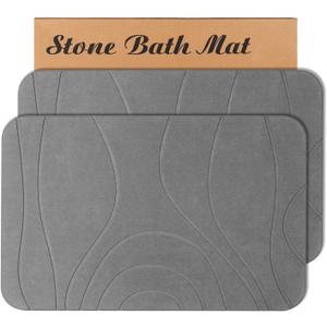Stone Bath Mat, 2 Pack Diatomaceous Earth Shower Mat, Non-Slip Super Absorbent Quick Drying Bathroom Floor Mat, 24x15, Grey