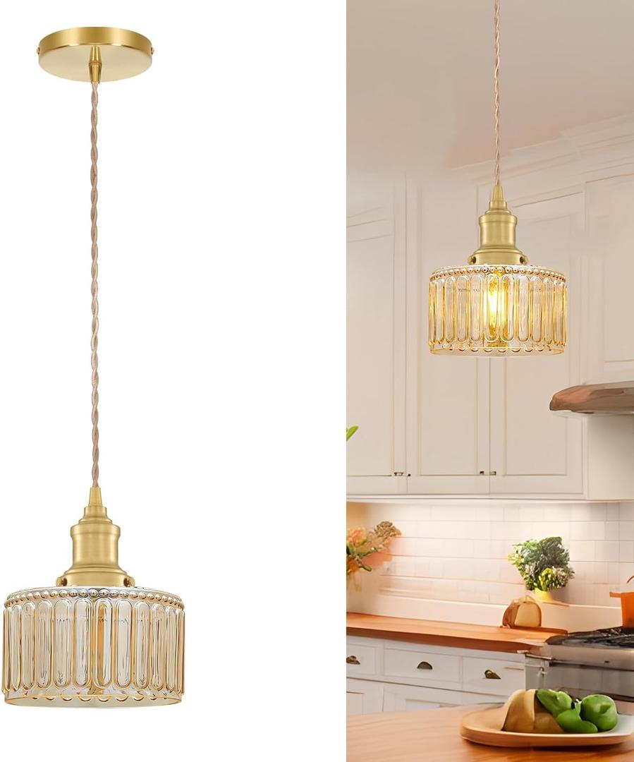 Vintage Pendant Light with Amber Striped Glass Lmapshade, Gold Pendant Lights Kitchen Island, Brass Kitchen Pendant Lighting over Island, Adjustable Hanging Light for Entrance Bathroom Dining Room (6.9in-1pc)