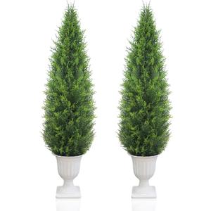 Realistic Artificial Cedar Tree with Planter Set of 2,Faux Topiary Cypress Plant for Home,Office,Living Room,Porch Indoor Outdoor Decor,No Maintenance Fake Evergreen Shrub (4.5FT White)