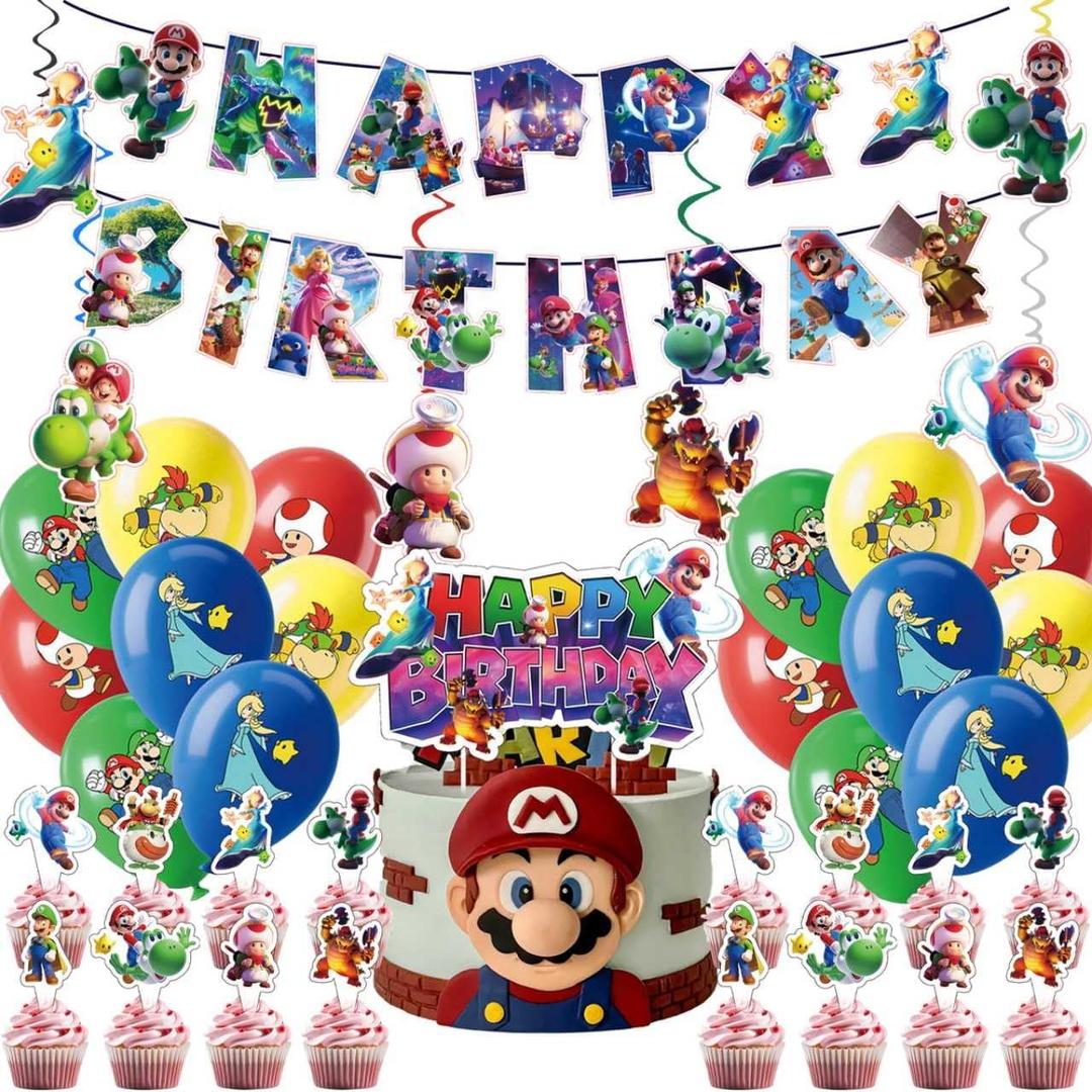 Mario Birthday Party Supplies, Super Bros Party Decorations Set Include Banner, Hanging Swirls, Cake Topper, Balloons, Cake Cupcake Toppers for Boys and Girls Theme Party