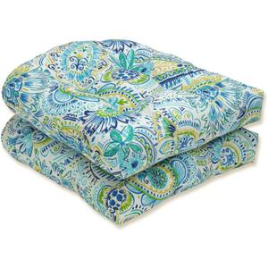 Pillow Perfect Paisley Indoor/Outdoor Chair Seat Cushion, Tufted, Weather, and Fade Resistant, 19" x 19", Round Corner, 2 Count, Blue/Yellow Gilford
