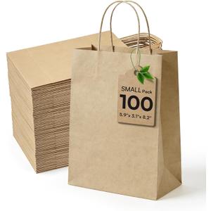 Small Paper Gift Bags with Handles Brown Paper Bags 100 pcs 5.9"x3.1"x8.2", Sturdy Small Gift Bag Bulk Kraft Wrap Shopping Bags for Small Business Retail Merchandise Wedding Birthday Goodie Party Favor
