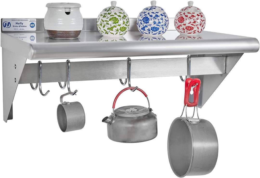 Hally Stainless Steel Shelf with 4 Hooks 12" x 24" Wall Mounted Pot Rack, NSF Commercial Floating Shelving for Storage Hanging Pots, Pans, cookware in Restaurant, Kitchen, Home and Hotel
