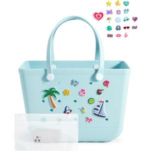 BAGSMART Large Beach Bag for Women with Cooler, Rubber Tote Bag with Charms, Waterproof Vacation Essentials for Swim Pool (Blue-single)