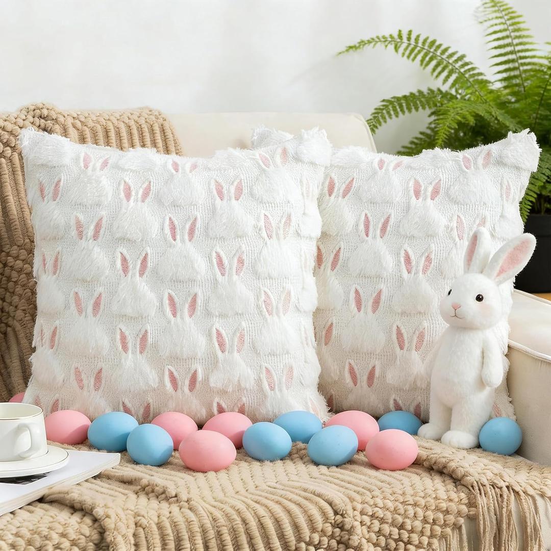 Cute Pink White Rabbit Pillow Covers Set of 2, Easter Throw Pillow Covers, 3D Bunny Soft Plush Faux Fur Couch Pillow Cover, Spring Decorative Pillow Cover, Easter Cushion Case for Sofa Couch Decor