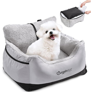 BurgeonNest Dog Car Seat for Small Dogs, Detachable and Washable Cat Carseats Under 25 lbs, Soft Pet Booster Seats with Storage Pockets and ClipOn Leash Portable Car Travel Carrier Bed, Black Grey