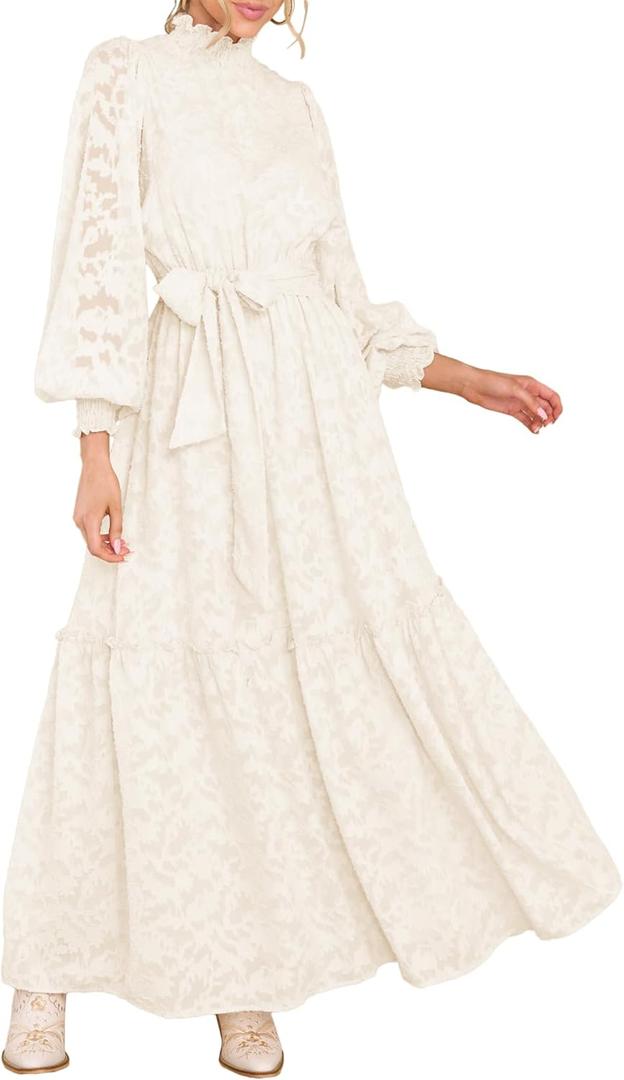 MITILLY Women's Fall Dresses Elegant Floral High Neck Long Sleeve Elastic Waist Formal Maxi Dress with Belt (Large, Beige)