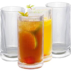 Vintage Ribbed Glassware Set, 16oz Drinking Glasses, Origami Style Set of 4, Fluted Design, Ideal for Water, Iced Coffee, Juice, Beer, Milk, Gift (16oz)