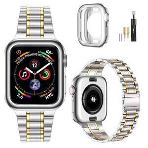 MioHHR Solid Stainless Steel Band Compatible with Apple Watch 46mm (Series 11 10), Metal Strap with Soft TPU Case for iWatch Series 11/10 46mm Women and Men, Silver/Gold