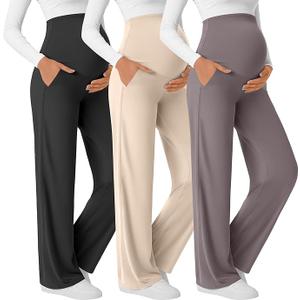 3 Pack Women's Maternity Yoga Pants Lightweight Over The Belly Pregnancy Pants Wide Leg Stretchy Lounge Trousers, Size S