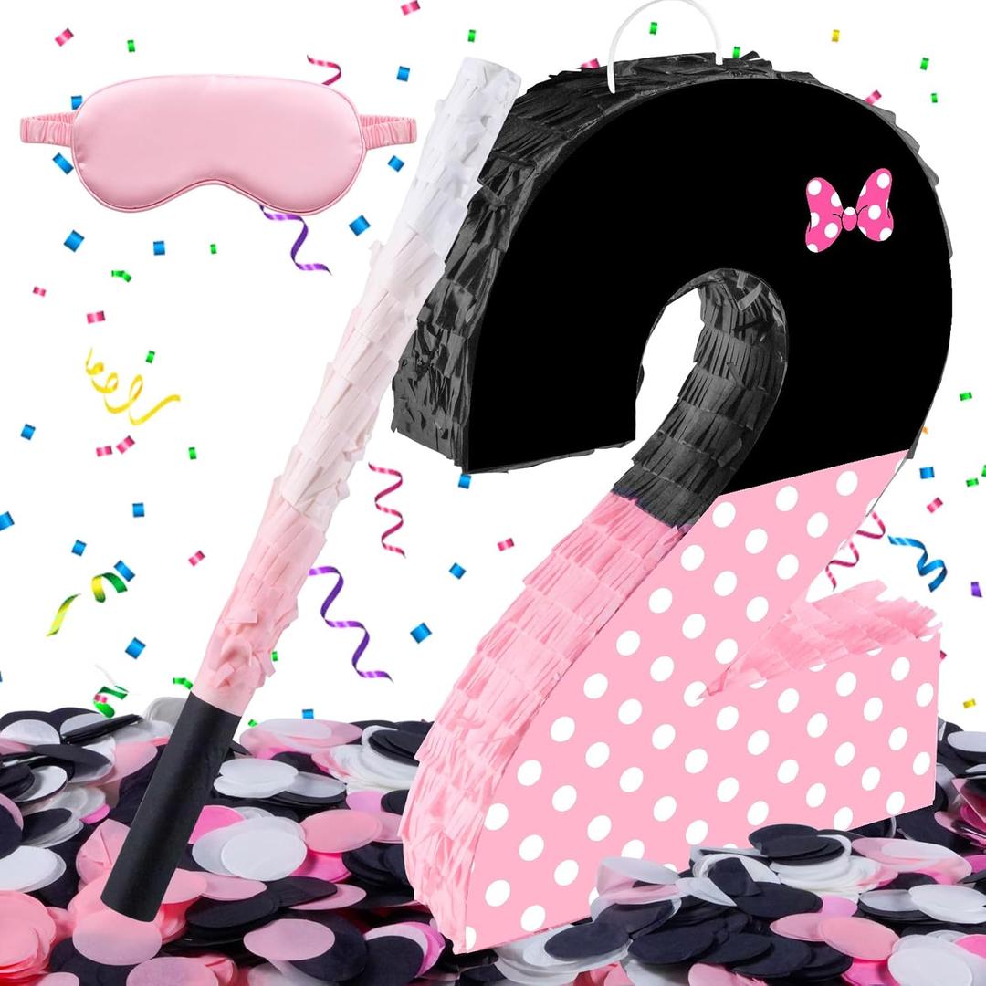 15.7 x 11.5 x 3 Inch Pink Bow Number 2 Pinata,Pink Bow Birthday Decorations, Fillable Hanging Piata with Stick Blindfold Confetti for Girls Boys 2nd Anniversary Party Decorations