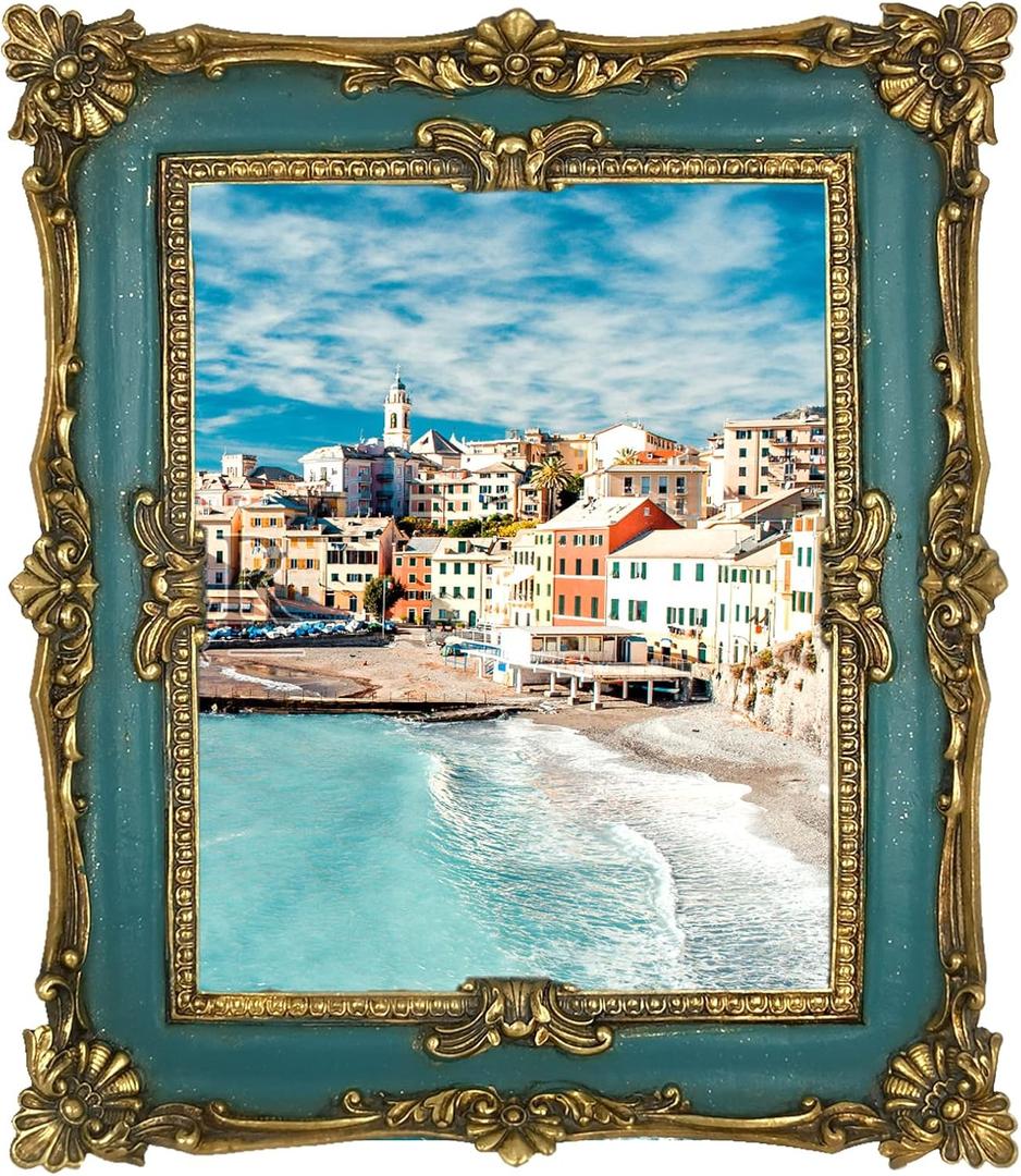 Vintage Blue and Bronze Gold Picture Frame - 8x10 Antique Photo Frame with Glass Front for Tabletop or Wall Display