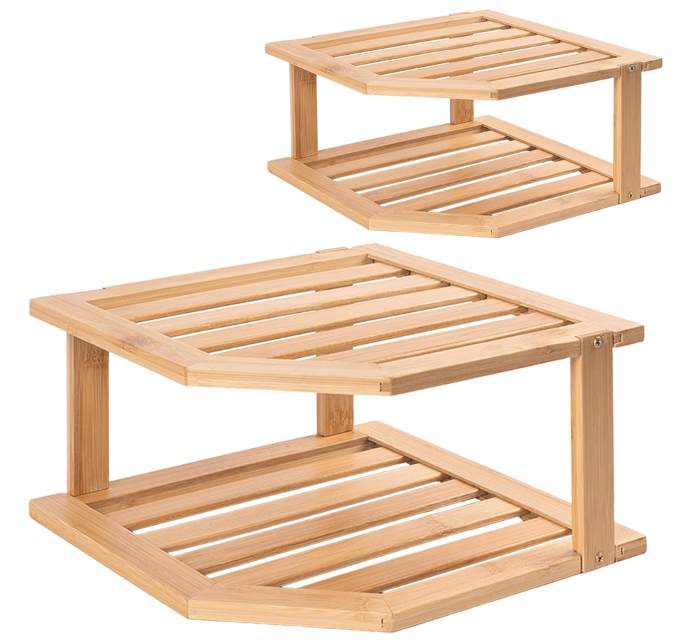 VERTORGAN Bamboo Corner Shelf(2 Pack),2 Tier Plate Organizer for Cabinet and Countertop,Pantry Dish and Spice Rack for Kitchen
