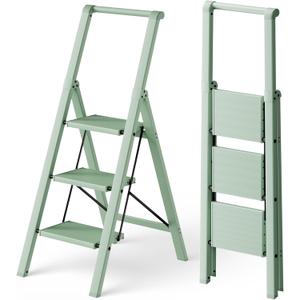 HillhutApex 3 Step Foldable Aluminum Step Ladder with Handgrip, Anti-Slip Pedal, 330 lbs Capacity, Lightweight & Portable for Home, Kitchen, Office, Garage (Pale Green)