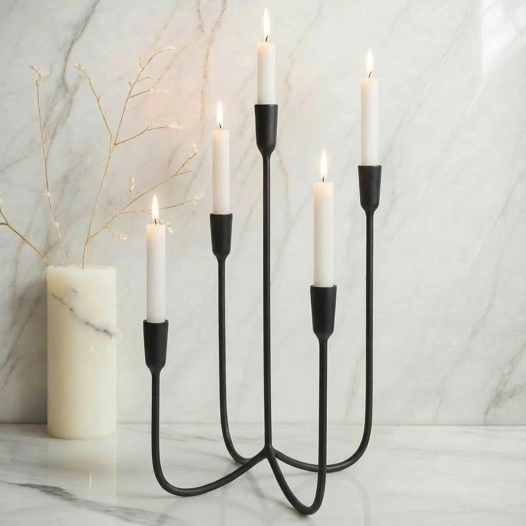 Candelabra for 5 Taper Candles  Hand-Forged Candle Holder with Elegant Vintage Finish  Decorative Centerpiece for Dining Room, Living Room or Mantel DecorBlack