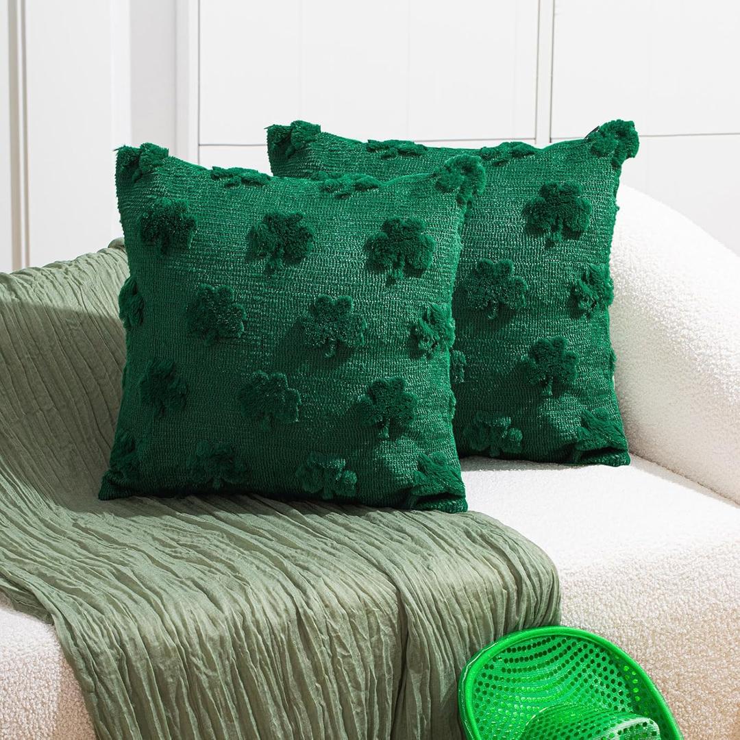 St. Patrick's Day Shamrock Pillow Covers 18x18 Set of 2, Soft Plush Green Clover Decorative Throw Pillowcases for Sofa Couch Living Room Bedroom Irish Holiday or Home Decor