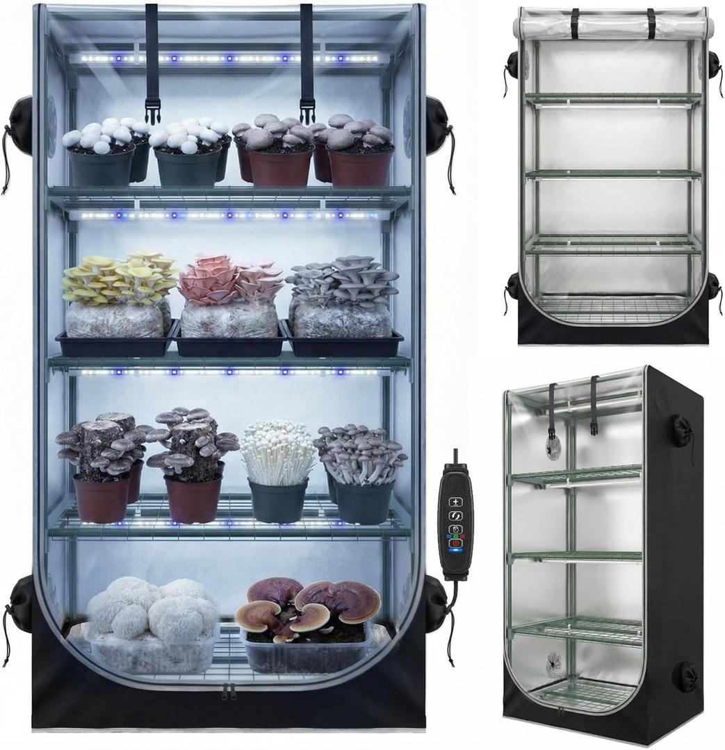 Mushroom Grow Tent Kit with Mushroom-Optimized Grow Lights & Timer | 27.5"W x 20"D x 65"H, Indoor Martha Tent with Oxford fabric Cover, 4" Vent Ports for Inline Fan, Humidifier