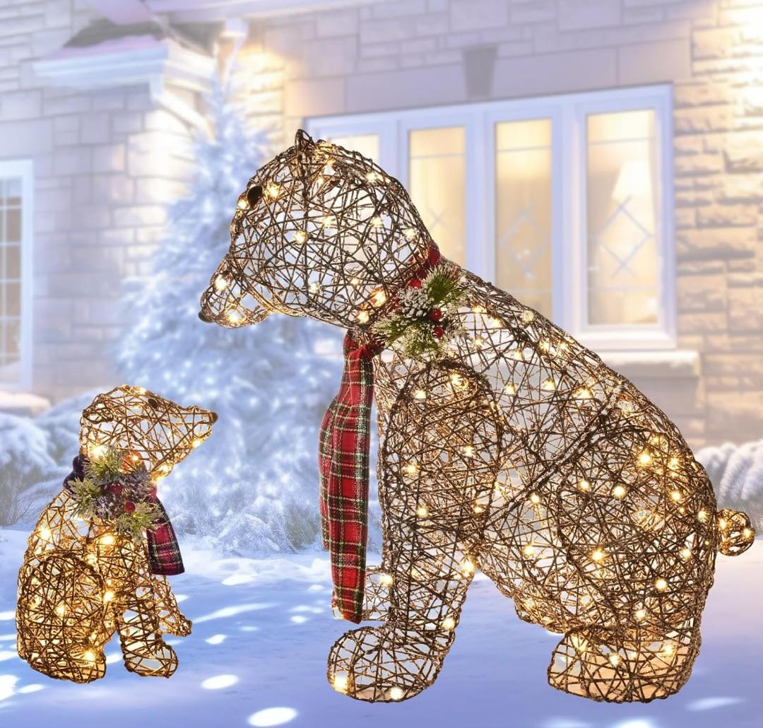 Lighted Polar Rattan Bear Family 2PCS - HOYECHI Large All-Weather Light Up Outdoor Christmas Décor for Front Yard and Lawn with 140 LED Lights, Zip Ties, and Ground Stakes