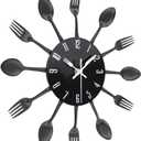 Timelike Kitchen Wall Clock, 3D Removable Modern Creative Cutlery Kitchen Spoon Fork Wall Clock Mirror Wall Decal Wall Sticker Room Home Decoration (Black)