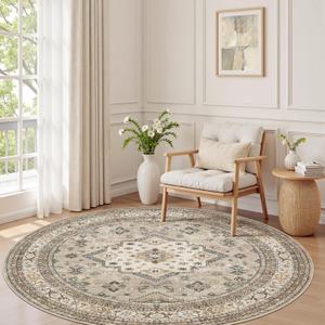 6ft Round Vintage Living Room Area Rug - 6x6 Large Soft Washable Oriental Traditional Distressed Farmhouse Rugs for Bedroom - Indoor Floor Accent Carpet for Home Office House Decor - Beige