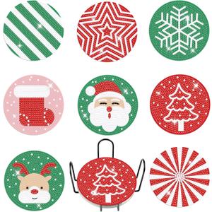 Diamond Coasters Art Painting Kit, 8pcs Diamond Christmas Art Coasters with Holder DIY Crafts Art Supplies for Adults Kids Beginners Beach House DecorChristmas (Red,green)