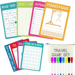 Chiisong 17 Pcs Portable Travel Game Set for Kids 8 Reusable Dry Erase Game Card with 8 Colorful Erasable Pen and Bag Educational Toy for Car Road Trip Airplane for Age 6-12, 9"x6"(Classic Style), 8.66 inches x 12.99 inches x 0.63 inches