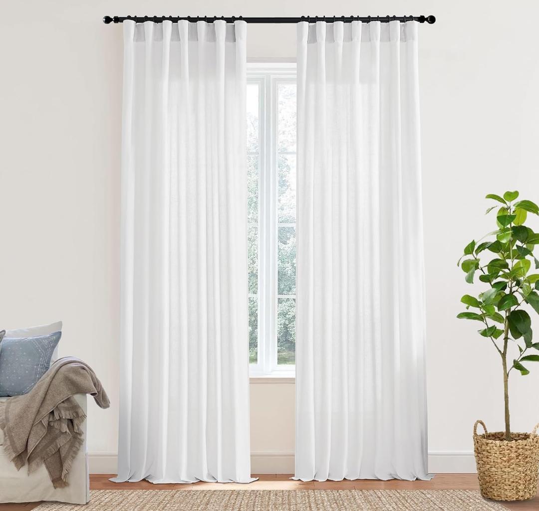 XTMYI 105 Inch White Cotton Linen Curtains 2 Panels Set Custom Length Back Tab Window Sheer Curtain Drapes for Living Room Bedroom, 50x105 in Long