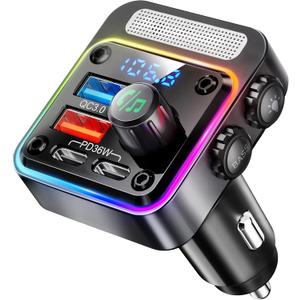 Nulaxy 54W Bluetooth 5.3 Car Adapter with 4 Charging Ports [PD 36W & QC3.0 18W], Wireless Radio FM Transmitter with Deep Bass Player & 5 Colors LED Backlit, Hands-Free Calling, Black