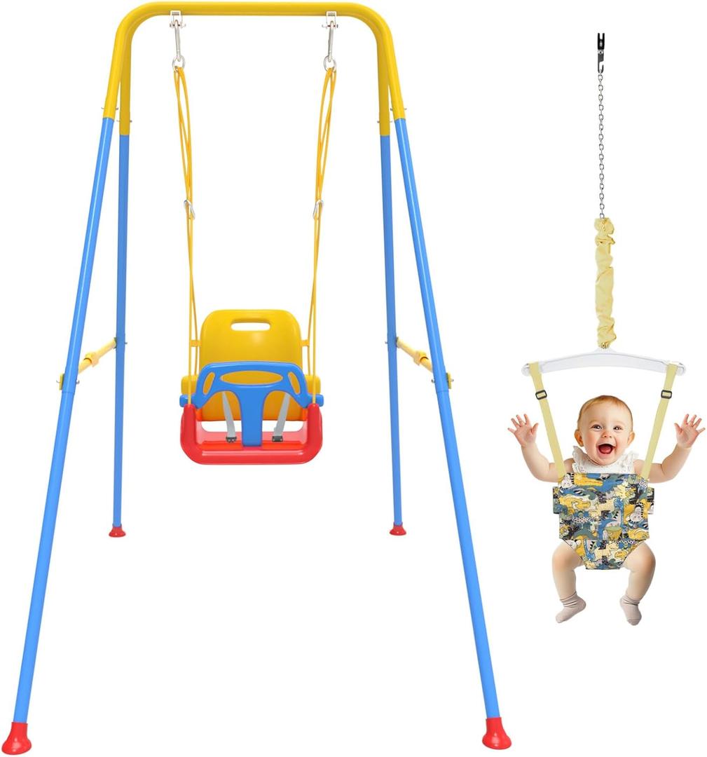 2 in 1 Toddler Swing & Baby Jumper, Foldable Baby Bouncer with Soft Cushion, Foldable Indoor & Outdoor Use, Easy to Install & Store Swing Sets for Backyard Play (Blue)