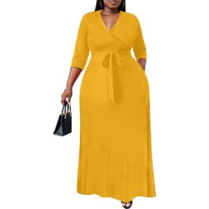 Nmoder Plus Size Maxi Dress for Women - Summer Casual 3/4 Sleeve Floral Flowy Long Dress with Belt XL- 6XL (Yellow)