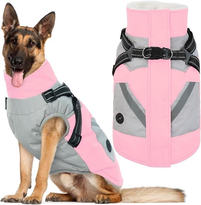 Dog Jacket, Large Dog Coat with Harness Built in, Warm Pet Winter Jacket Zippered Snow Coat with Furry Collar, Waterproof Fleece Snowsuit for French Bulldog, Pink L