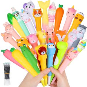 PerKoop 40 Pcs Squishy Pens Squeeze Kawaii with Refills Squeeze Stress School Store Supplies Cartoon Animal Stationary Gel Ink with 40 Replacement Refills Accessories