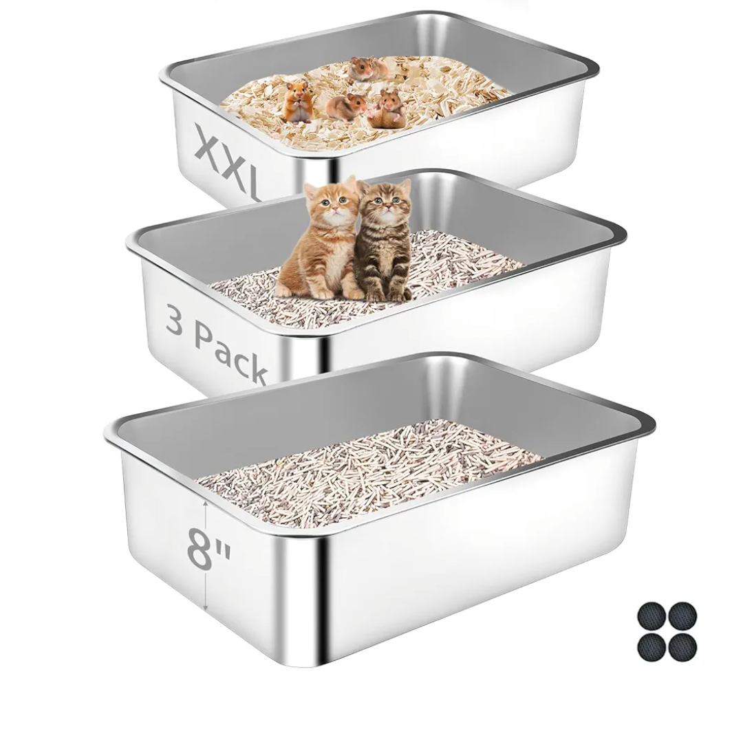 Stainless Steel Cat Litter Box, 3 Pack 23.6"x15.7"x7.9" XXL Metal High Sided Litter Pan, Extra Large Stainless Steel Box Splash-Proof and Non-Stick Cat Poop Box odorless