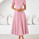 MEROKEETY Women's 2026 Summer Midi Dresses Short Sleeve Crewneck A Line Pleated Wedding Guest Flowy Long Dress with Pockets (Pink, S)