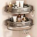 2Pcs Corner Shower Shelf Caddy Suction Cup, No Drill Hole with Towel Bar and Hook, Gray Bathroom Storage Rack, Zero Drill Triangle Shelves, Store Toiletries and Bath Towel for Bathroom Kitchen RV