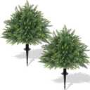 24.5" Artificial Trees for Outdoors, Set of 2 Cedar Topiary Trees Artificial Outdoor with Ground Spike, UV Resistant Faux Cypress Pine Shrubs, Fake Evergreen Plants for Front Porch, Garden, Indoor