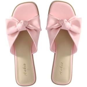 White Sandals Womens Bow Flat Sandals Dressy - Cute Summer Beach Sandals for Women 2026, Square Open Toe Comfortable Slip On Slide Sandals Bride Wedding Bridal Dress Shoes Slippers Balck Pink Gold Nude, 8