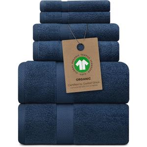 Alusa Home 100% Organic Zero-Twist Cotton Towels - GOTS Certified Luxury Bath Towels - Ultra Soft & Plush 700GSM Long-Staple Cotton - 6 Piece Towel Set (Navy Blue)
