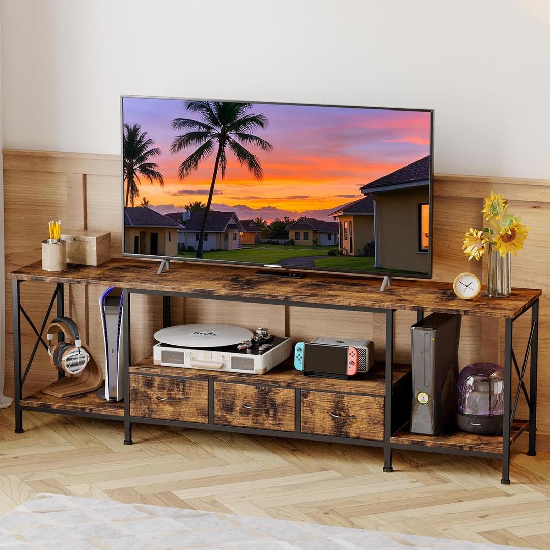 YGEOMER TV Stand Entertainment Center for 65 Inch TV with Power Outlets TV Console Table with Metal Frame Storage Shelves and Fabric Drawers for Living Room, Bedroom 63" Rustic Brown (Depth Size13.8inch)