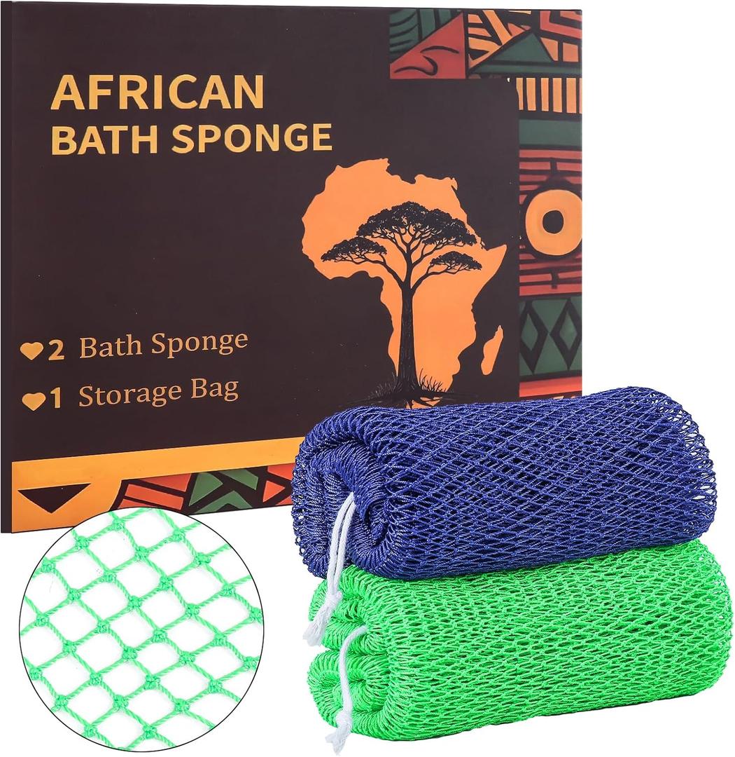 2 x African Net Sponge Authentic with Knots, 2 Pieces Exfoliating Body Scrubber for All Skin Types, Real African Exfoliating Bath Sponge Wash Cloths, Shower Accessories for Women Men (Blue & Green)