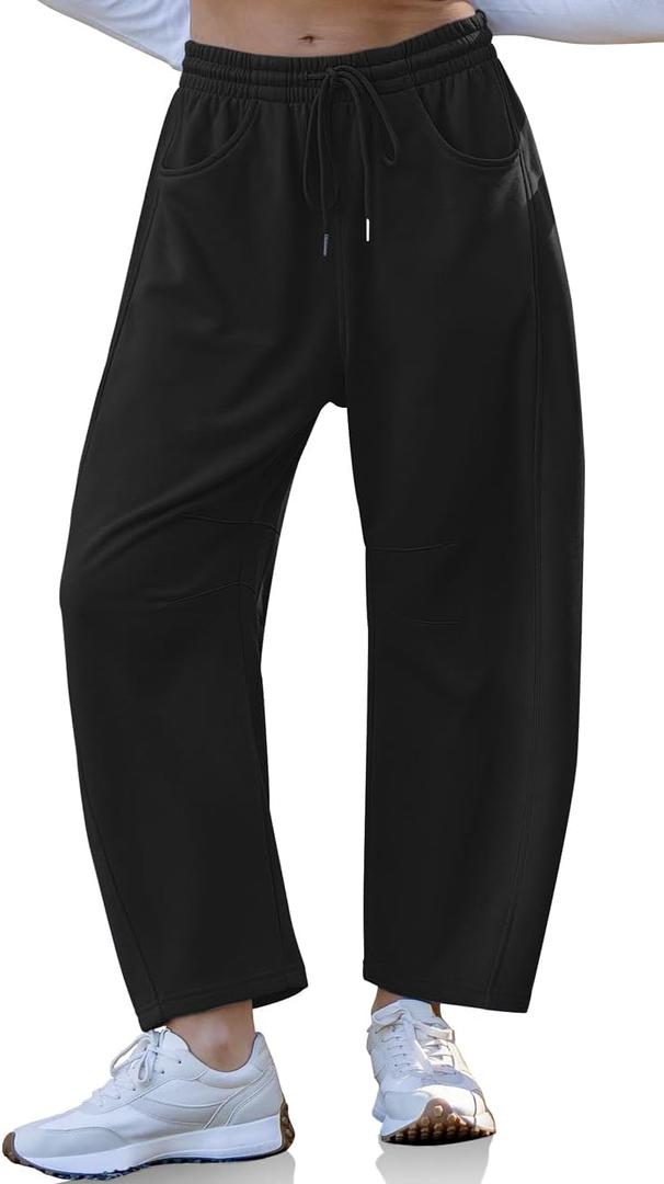 TARSE Womens Barrel Sweatpants Loose Fit Lounge Pants Casual Wide Leg Pants Cotton Comfy Elastic Waist Joggers with Pockets (Medium, Black)