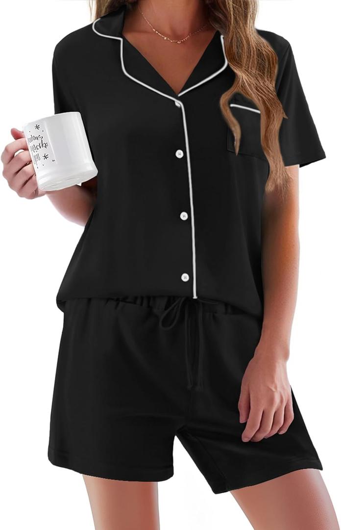 Ekouaer Pajamas Set for Women Short Sleeve Sleepwear Button Down Pjs Soft 2 Piece Lounge Sets Black, Medium