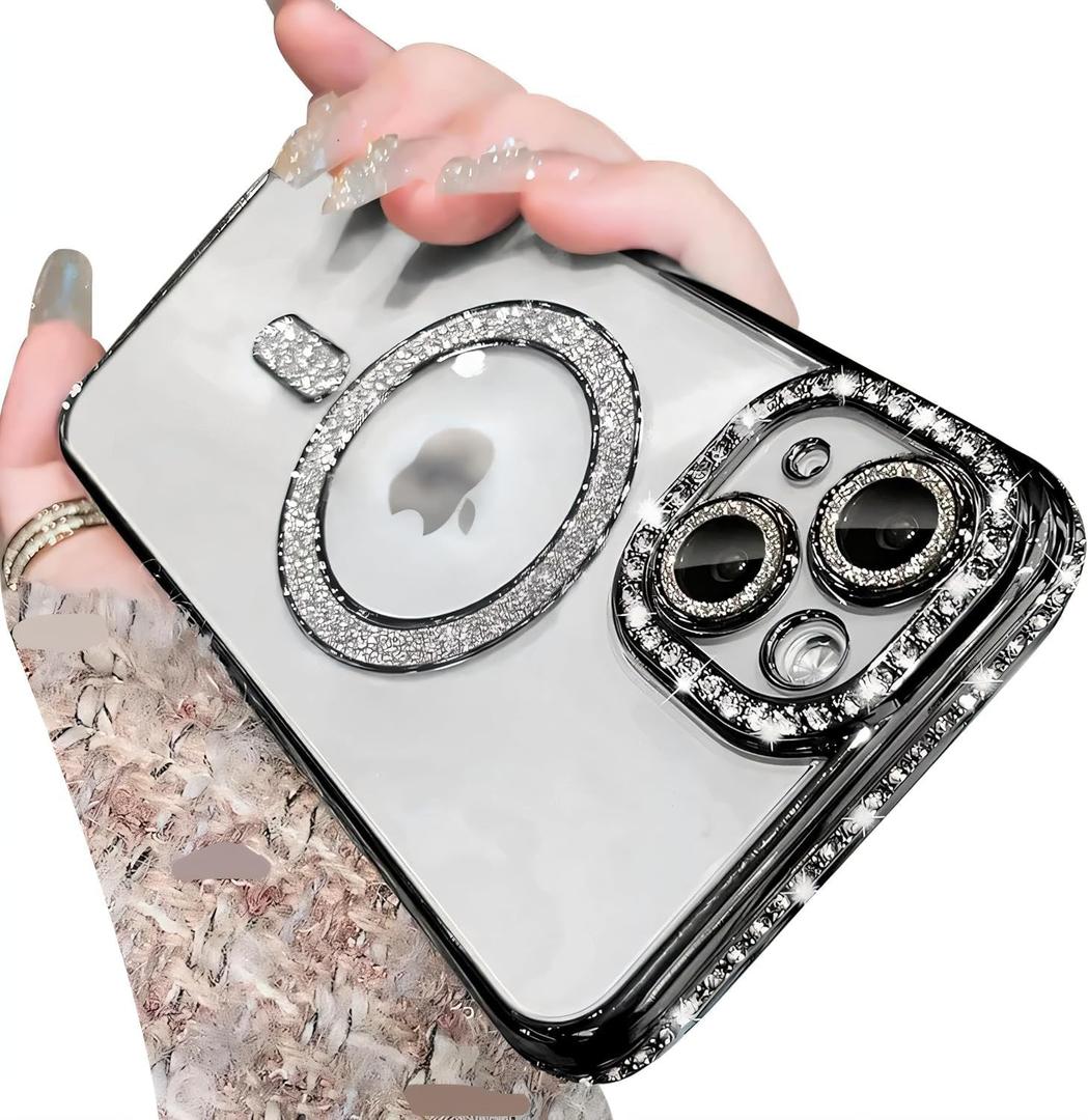 Magnetic Glitter Diamond for iPhone 16 Plus Case[Compatible with MagSafe] Sparkle Rhinestone Camera Lens Protector Plated,Crtstal Clear Slim Military Drop Shockproof Cover for Women,Black