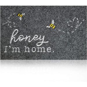 Funny Bee Doormat Honey I'm Home Cute Door Mat Welcome Mats for Front Door Kitchen Rugs Indoor Porch Outdoor Non Slip Durable Rubber Mats Grey Floor Rugs for Outside Entry Farmhouse