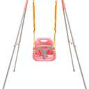 FUNLIO Toddler Swing with Foldable Metal Stand for Aged 1~10 Years, 3-in-1 Baby Swing Set with 4 Sandbags for Backyard, Kids Swing Set for Indoor/Outdoor Play, Easy to Assemble & Store, Pink